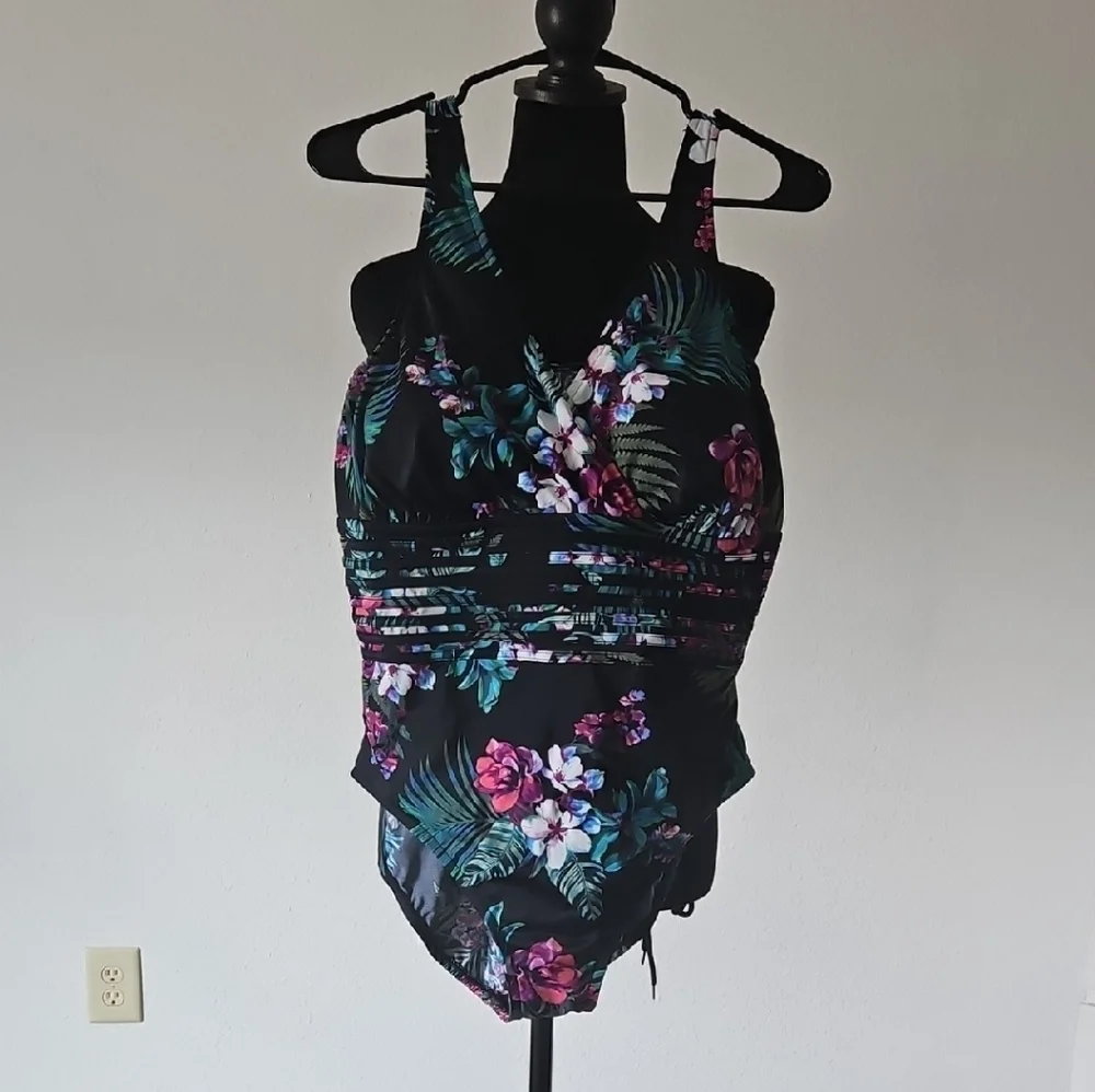 Aqua Green Floral One Piece Swimsuit - Black and Pink